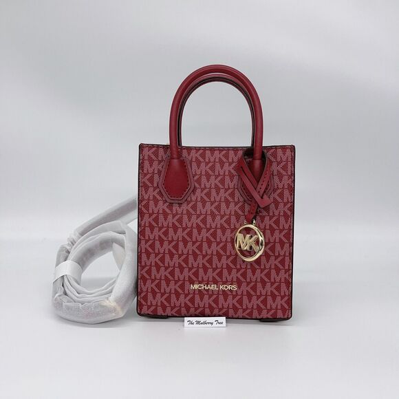 Michael Kors MK Extra Small Mercer Logo Leather Crossbody Mulberry Red Purse Bag - Picture 1 of 9